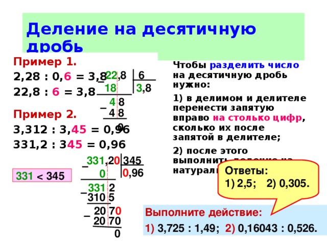 Деление на десятичную дробь Пример 1. 2,28 : 0, 6 = 3,8 22,8 : 6 = 3,8  Пример 2. 3,312 : 3, 45 = 0,96 331,2 : 3 45 = 0,96  Чтобы разделить  число на десятичную дробь нужно: 1) в делимом и делителе перенести запятую вправо на столько цифр , сколько их после запятой в делителе; 2) после этого выполнить деление на натуральное число.   22 ,8 6 –  3 ,8 18  4 8 –  4 8 0 331 ,2 0 345 –  Ответы: 2,5;  2) 0,305. 0 ,96  0  331  331 2 –  310 5 20 7 0 Выполните действие: 1) 3,725 : 1,49; 2) 0,16043 : 0,526. –  20 70 0 