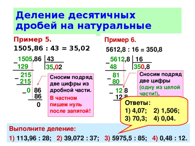 Деление десятичных дробей на натуральные числа Пример 6.   5612,8 : 16 = 350,8 Пример 5.  1505,86 : 43 = 35,02 1505 ,86 43 5612 ,8 16 –  –  129  35 0 ,8 48  35 , 0 2 215  Сносим подряд две цифры (одну из целой части!) . В частном пишем нуль перед запятой! 81  Сносим подряд две цифры из дробной части. В частном пишем нуль после запятой! –  –  215 80 0 86 12 8 –  –  86 12  8 Ответы: 4,07;  2) 1,506; 3) 70,3;  4) 0,04. 0 0 Выполните деление: 1) 113,96 : 28;  2) 39,072 : 37;  3) 5975,5 : 85;  4) 0,48 : 12. 