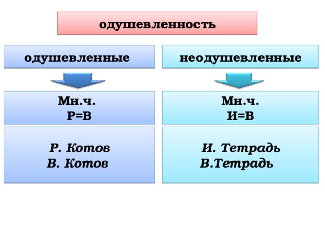 одушевленность одушевленные неодушевленные Мн.ч. Р=В Мн.ч. И=В Р. Котов В. Котов И. Тетрадь В.Тетрадь 