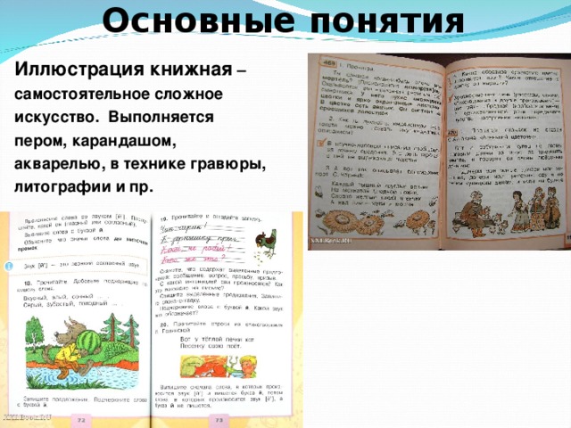 Основные понятия Иллюстрация книжная – самостоятельное сложное искусство. Выполняется пером, карандашом, акварелью, в технике гравюры, литографии и пр.  