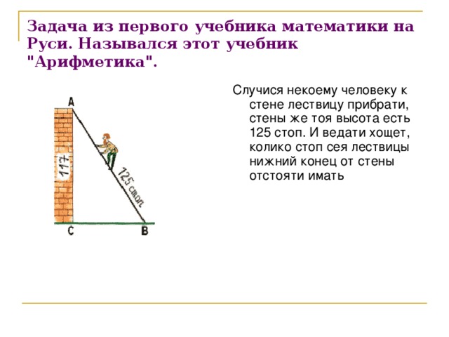 Задача из первого учебника математики на Руси. Назывался этот учебник 