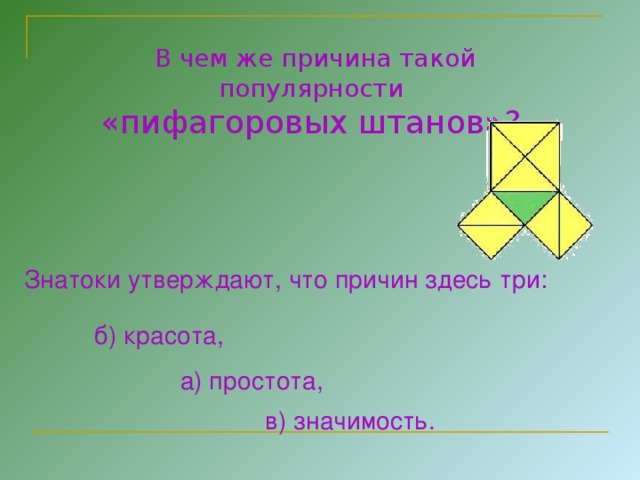 В чем же причина такой популярности «пифагоровых штанов»?  Знатоки утверждают, что причин здесь три: б) красота,  а) простота, в) значимость. 