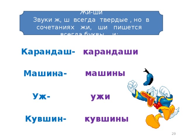 Жи-ши  Звуки ж, ш всегда твердые , но в сочетаниях жи, ши пишется всегда буквы и: Карандаш-  карандаши машины Машина- Уж- ужи Кувшин- кувшины  