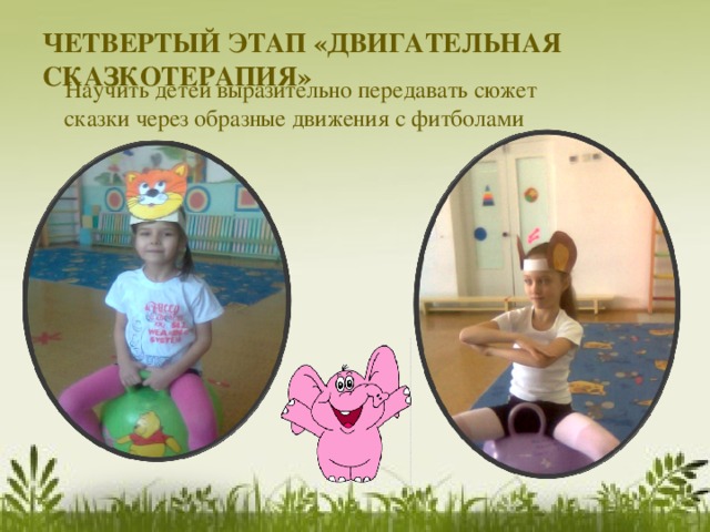 ЧЕТВЕРТЫЙ ЭТАП «ДВИГАТЕЛЬНАЯ СКАЗКОТЕРАПИЯ»   Научить детей выразительно передавать сюжет сказки через образные движения с фитболами 