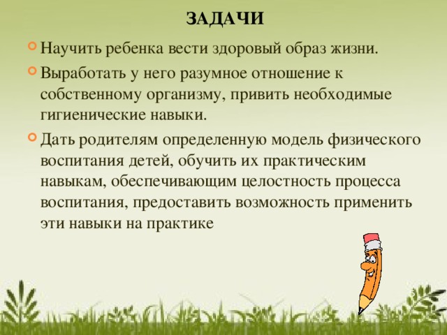 ЗАДАЧИ Научить ребенка вести здоровый образ жизни. Выработать у него разумное отношение к собственному организму, привить необходимые гигиенические навыки. Дать родителям определенную модель физического воспитания детей, обучить их практическим навыкам, обеспечивающим целостность процесса воспитания, предоставить возможность применить эти навыки на практике  