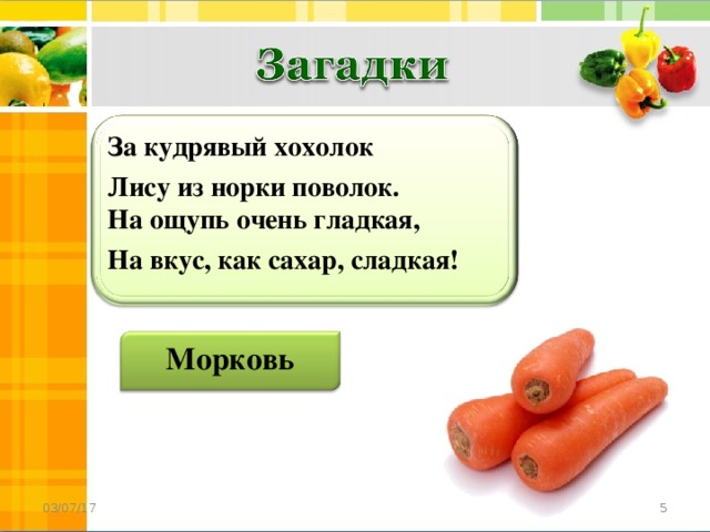 За кудрявый хохолок Лису из норки поволок.  На ощупь очень гладкая, На вкус, как сахар, сладкая! Морковь  03/07/17 5