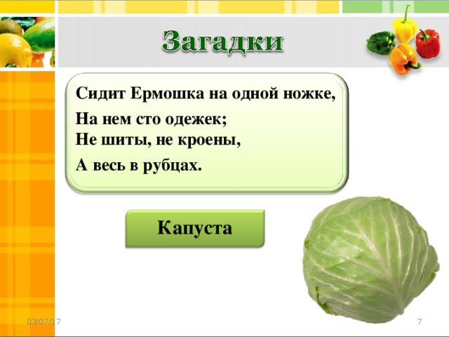 Сидит Ермошка на одной ножке, На нем сто одежек;  Не шиты, не кроены, А весь в рубцах. Капуста  03/07/17 7