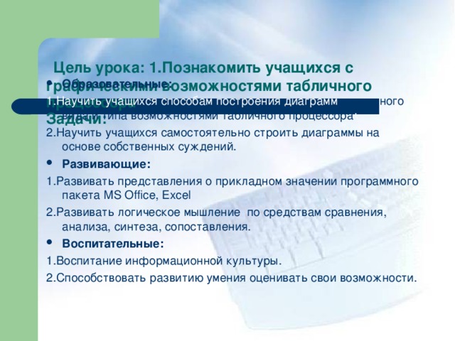 Цель урока: 1.Познакомить учащихся с графическими возможностями табличного процессора  Задачи: Образовательные: 1.Научить учащихся способам построения диаграмм различного вида и типа возможностями табличного процессора ; 2.Научить учащихся самостоятельно строить диаграммы на основе собственных суждений. Развивающие: 1.Развивать представления о прикладном значении программного пакета MS Office , Ex c el 2.Развивать логическое мышление по средствам сравнения, анализа, синтеза, сопоставления. Воспитательные: 1.Воспитание информационной культуры. 2.Способствовать развитию умения оценивать свои возможности.