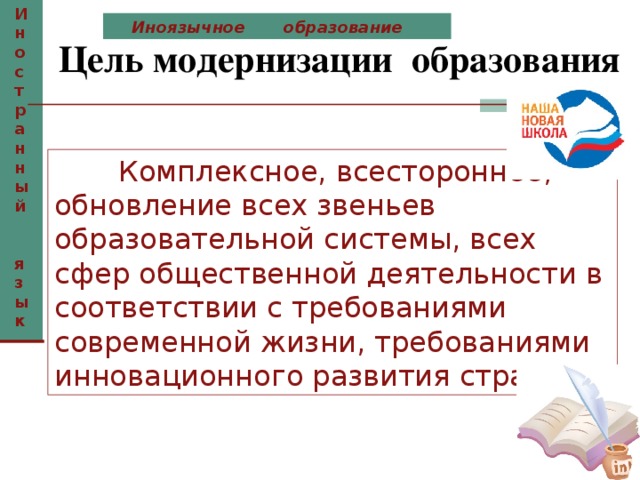 Иностранный  язык  Цель модернизации образования  Иноязычное образование  Комплексное, всестороннее, обновление всех звеньев образовательной системы, всех сфер общественной деятельности в соответствии с требованиями современной жизни, требованиями инновационного развития страны. 