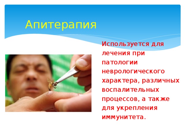 Апитерапия Используется для лечения при патологии неврологического характера, различных воспалительных процессов, а также для укрепления иммунитета. 