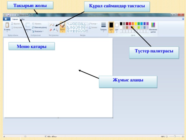 Тақырып жолы Құрал саймандар тақтасы  Меню қатары Түстер палитрасы  Жұмыс алаңы