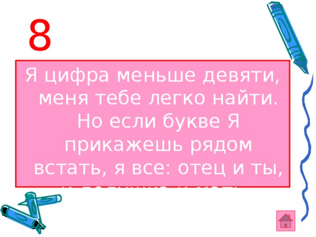 8 Я цифра меньше девяти, меня тебе легко найти. Но если букве Я прикажешь рядом встать, я все: отец и ты, и дедушка и мать. 