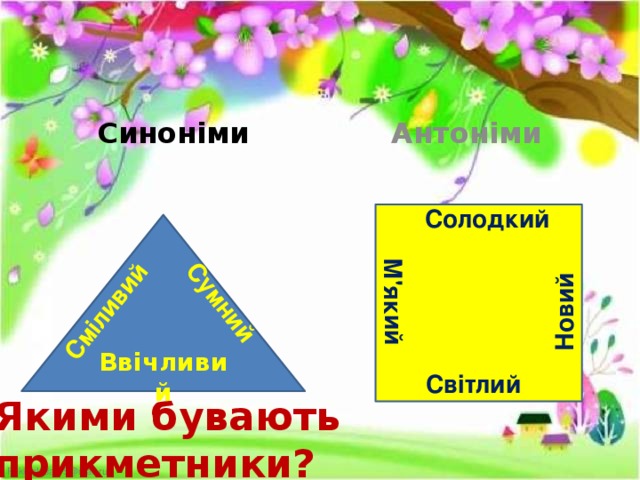 Сумний Сміливий М'який Новий Синоніми Антоніми Солодкий    Ввічливий Світлий Якими бувають прикметники? 