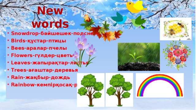 New words Snowdrop-бәйшешек-подснежник Birds-құстар-птицы Bees-аралар-пчелы Flowers-гүлдер-цветы Leaves-жапырақтар-листья Trees-ағаштар-деревья Rain-жаңбыр-дождь Rainbow-кемпірқосақ-радуга 