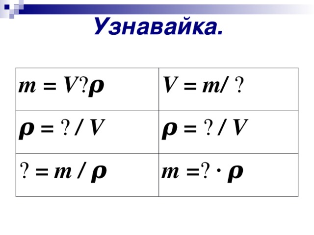 Узнавайка.   m = V ? ρ V = m/  ? ρ =  ?  / V ρ =  ?  / V ?  = m / ρ m = ?  · ρ 