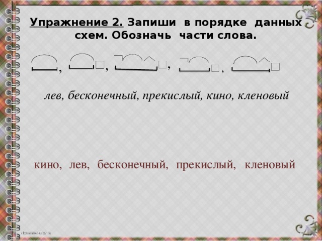 Слову лес подбери и запиши однокоренные слова в порядке схем