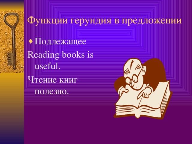 Функции герундия в предложении Подлежащее Reading books is useful. Чтение книг полезно.  