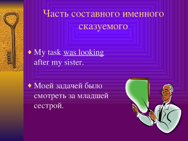 Часть составного именного сказуемого My task was looking after my sister. Моей задачей было смотреть за младшей сестрой.  