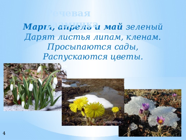 Речевая разминка Март, апрель и май зеленый Дарят листья липам, кленам. Просыпаются сады, Распускаются цветы. 4 
