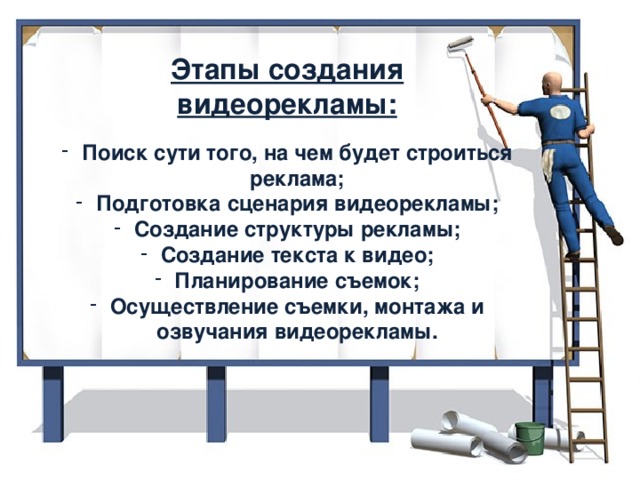 Этапы создания видеорекламы: Поиск сути того, на чем будет строиться реклама; Подготовка сценария видеорекламы; Создание структуры рекламы; Создание текста к видео; Планирование съемок; Осуществление съемки, монтажа и озвучания видеорекламы.  