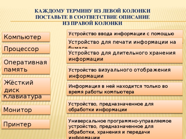 В соответствии с описанием. Каждому термину в левой колонке поставьте в соответствие. Каждому термину указанному в левой колонке. Каждому устройству поставьте в соответствие. Каждому устройству поставьте в соответствие виды информации.