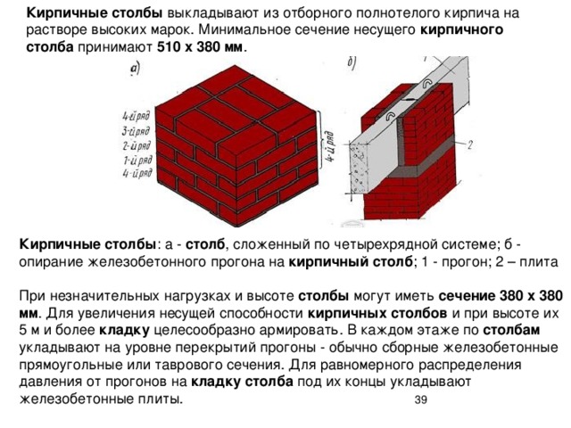 Кирпичные столбы выкладывают из отборного полнотелого кирпича на растворе высоких марок. Минимальное сечение несущего кирпичного столба принимают 510 х 380 мм .    Кирпичные столбы : а - столб , сложенный по четырехрядной системе; б - опирание железобетонного прогона на кирпичный столб ; 1 - прогон; 2 – плита При незначительных нагрузках и высоте столбы могут иметь сечение 380 х 380 мм . Для увеличения несущей способности кирпичных столбов и при высоте их 5 м и более кладку целесообразно армировать. В каждом этаже по столбам укладывают на уровне перекрытий прогоны - обычно сборные железобетонные прямоугольные или таврового сечения. Для равномерного распределения давления от прогонов на кладку столба под их концы укладывают железобетонные плиты.  