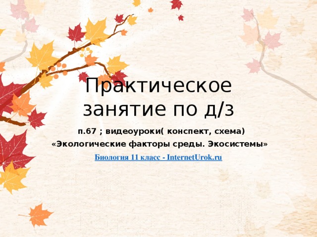 Практическое занятие по д/з  п.67 ; видеоуроки( конспект, схема)  «Экологические факторы среды. Экосистемы» Биология 11 класс - InternetUrok.ru     