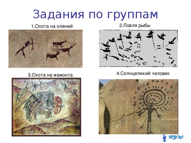 Задания по группам 2.Ловля рыбы 1.Охота на оленей 4.Солнцеликий человек 3.Охота на мамонта 