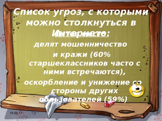 Список угроз, с которыми можно столкнуться в Интернете: Пятое место делят мошенничество и кражи (60% старшеклассников часто с ними встречаются),  оскорбление и унижение со стороны других пользователей (59%) 19.03.17 