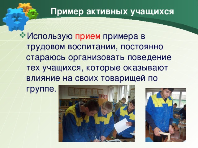 Пример активных учащихся Использую прием примера в трудовом воспитании, постоянно стараюсь организовать поведение тех учащихся, которые оказывают влияние на своих товарищей по группе.