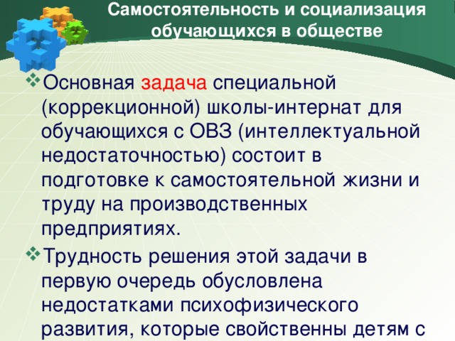 Самостоятельность и социализация обучающихся в обществе Основная задача специальной (коррекционной) школы-интернат для обучающихся с ОВЗ (интеллектуальной недостаточностью) состоит в подготовке к самостоятельной жизни и труду на производственных предприятиях. Трудность решения этой задачи в первую очередь обусловлена недостатками психофизического развития, которые свойственны детям с ОВЗ.