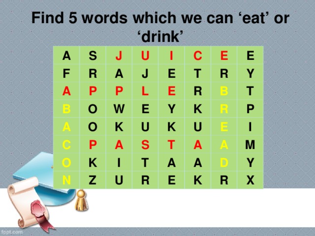 Find 5 words which we can ‘eat’ or ‘drink’ A S F J R A U A B P I J A P O E C O L C W T E P E K O E R E N A Y K R U Y K K S Z B I U U R T T T R A P A E A A I E M D K Y R X 