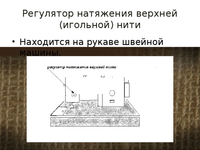 Регулятор натяжения верхней (игольной) нити Находится на рукаве швейной машины. 