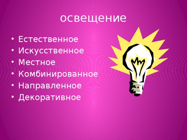 освещение Естественное Искусственное Местное Комбинированное Направленное Декоративное 