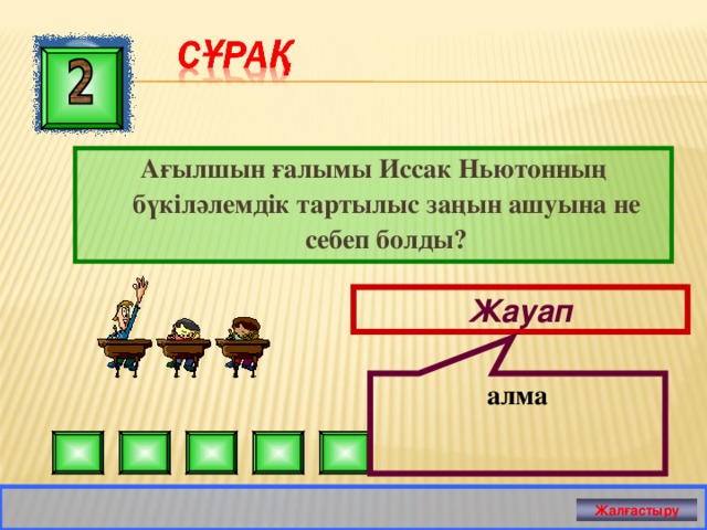 алма Ағылшын ғалымы Иссак Ньютонның бүкіләлемдік тартылыс заңын ашуына не себеп болды? Жауап Жал ғастыру 