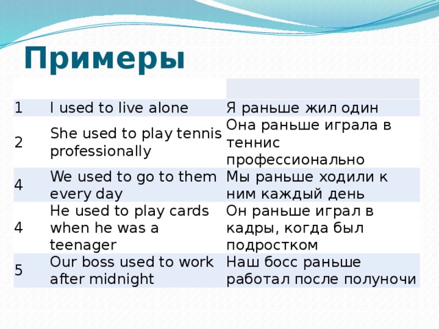 Примеры 1 I used to live alone 2 She used to play tennis professionally Я раньше жил один 4 Она раньше играла в теннис профессионально We used to go to them every day 4 He used to play cards when he was a teenager Мы раньше ходили к ним каждый день 5 Он раньше играл в кадры, когда был подростком Our boss used to work after midnight Наш босс раньше работал после полуночи 