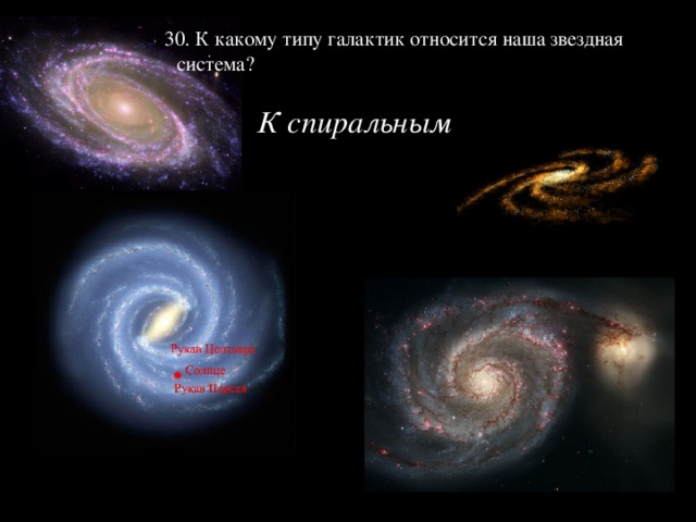 30. К какому типу галактик относится наша звездная система?   К спиральным   