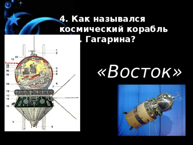 4. Как назывался космический корабль Ю.А. Гагарина?   «Восток» 