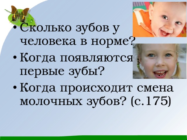 Сколько зубов у человека в норме? Когда появляются первые зубы? Когда происходит смена молочных зубов? (с.175) 