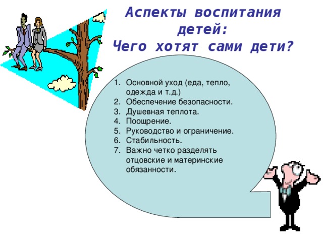 Аспекты воспитания детей:  Чего хотят сами дети? Основной уход (еда, тепло, одежда и т.д.) Обеспечение безопасности. Душевная теплота. Поощрение. Руководство и ограничение. Стабильность. Важно четко разделять отцовские и материнские обязанности. 