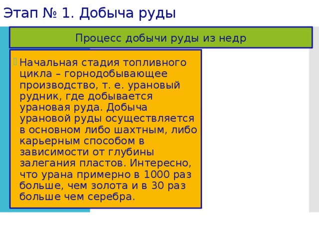 Этап № 1. Добыча руды Процесс добычи руды из недр Начальная стадия топливного цикла – горнодобывающее производство, т. е. урановый рудник, где добывается урановая руда. Добыча урановой руды осуществляется в основном либо шахтным, либо карьерным способом в зависимости от глубины залегания пластов. Интересно, что урана примерно в 1000 раз больше, чем золота и в 30 раз больше чем серебра. 