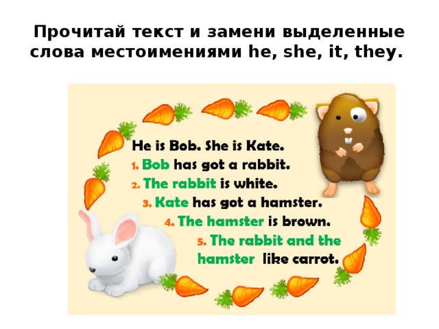 Прочитай текст и замени выделенные слова местоимениями he, she, it, they. 