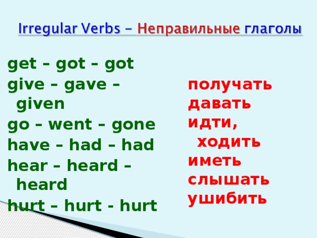 получать get – got – got give – gave – given давать go – went – gone идти, ходить have – had – had иметь hear – heard – heard слышать hurt – hurt - hurt ушибить 