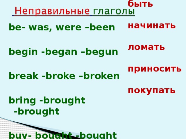 be- was, were –been  begin -began –begun  break -broke –broken  bring -brought -brought  buy- bought -bought  быть  начинать  ломать  приносить  покупать     