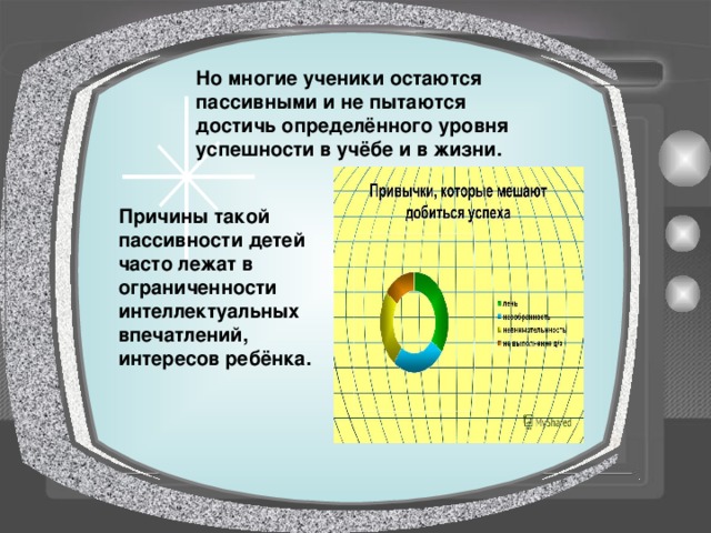 Но многие ученики остаются пассивными и не пытаются достичь определённого уровня успешности в учёбе и в жизни. Причины такой пассивности детей часто лежат в ограниченности интеллектуальных впечатлений, интересов ребёнка.  