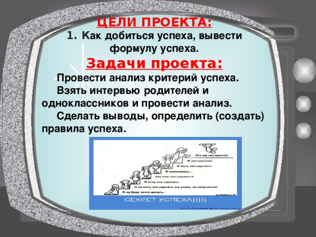ЦЕЛИ ПРОЕКТА: 1. К ак добиться успеха, вывести формулу успеха. Задачи проекта:  Провести анализ критерий успеха.  Взять интервью родителей и одноклассников и провести анализ.  Сделать выводы, определить (создать) правила успеха.    