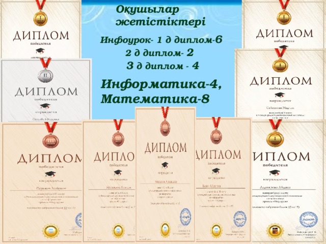 О қ ушылар жетістіктері Инфоурок- 1 д диплом- 6  2 д диплом- 2  3 д диплом - 4 Информатика-4, Математика-8 инфор 