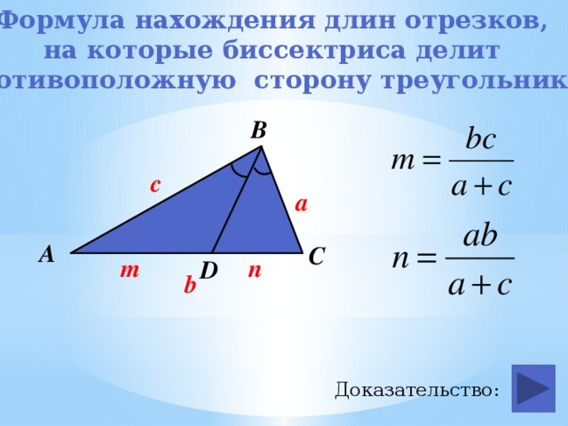 Формула нахождения длин отрезков, на которые биссектриса делит противоположную сторону треугольника В с a А С m n D b Доказательство: 