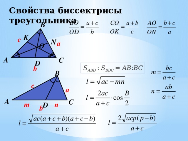 Свойства биссектрисы треугольника B K с N a O А C D b S ABD   : S BDC   = AB : BC В с a А С n m D b 