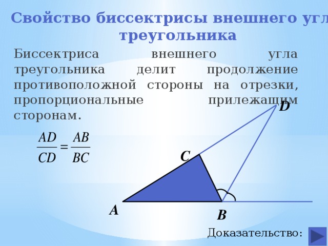 Свойство биссектрисы внешнего угла  треугольника Биссектриса внешнего угла треугольника делит продолжение противоположной стороны на отрезки, пропорциональные прилежащим сторонам. D С А В Доказательство: 